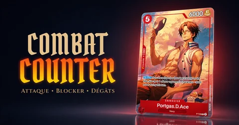 Combat One Piece TCG avec attaque Blocker Counter dégâts et carte Personnage
