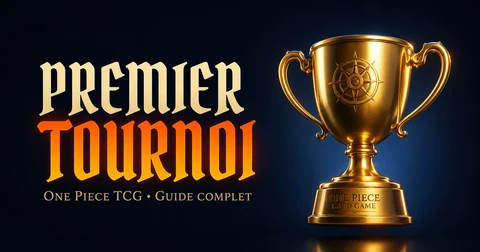 Premier tournoi One Piece TCG illustré par un trophée doré sur fond bleu