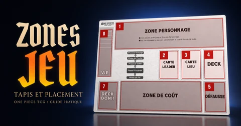 Zones de jeu One Piece TCG avec tapis, Leader, Vie, deck DON et zone de Coût